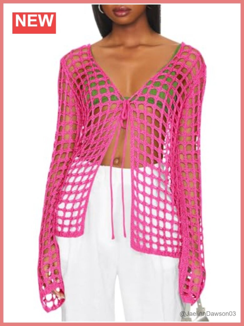 Long Sleeve Crochet Hollow Out Tie Front Swim Cover Up Knit Cardigan